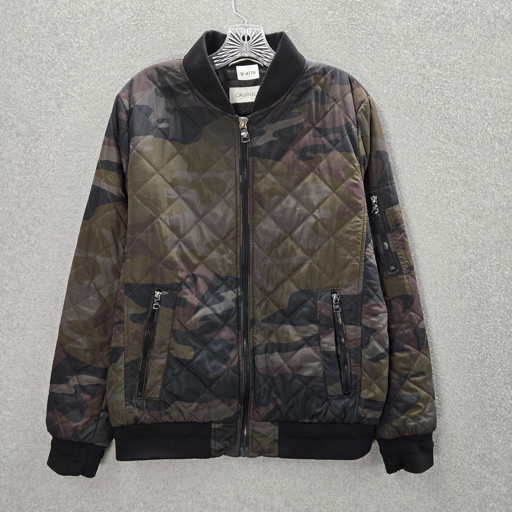Calvin Klein Men Bomber Jacket Small Green Camo Quilted Puffer Full Zip Pockets